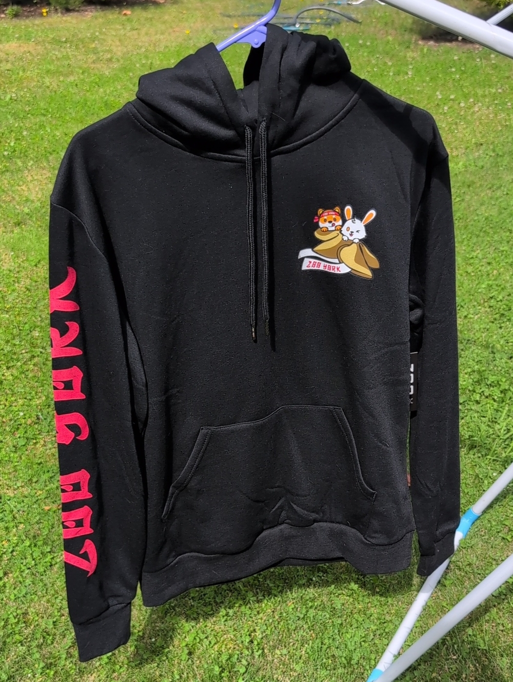 NWT Zoo York Black Pullover Hoodie with Red Sleeve Script and Multicolor Graphic